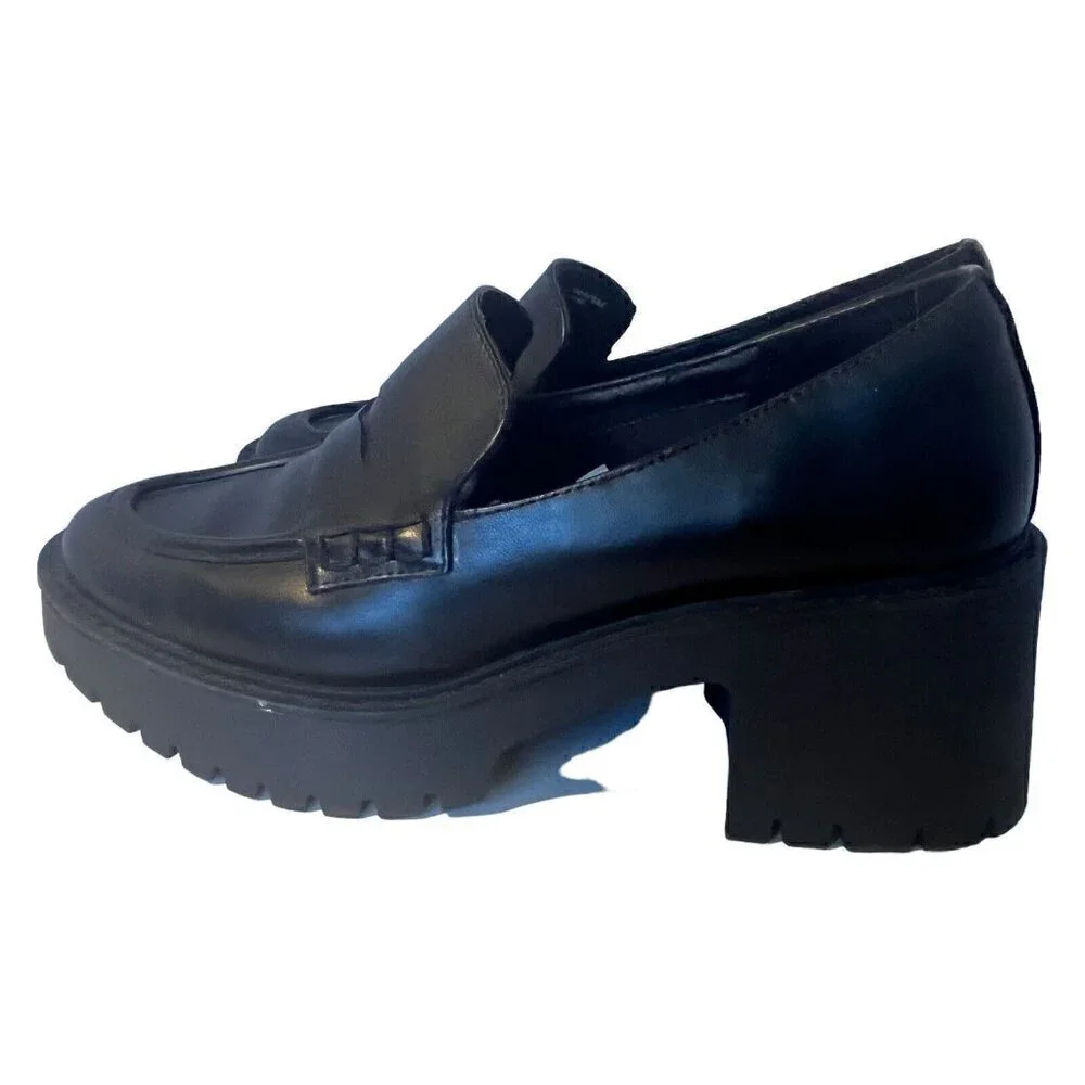 Womens 8.5 Chunky Platform Slip On Penny Loafer Black Faux Leather Lug Soles